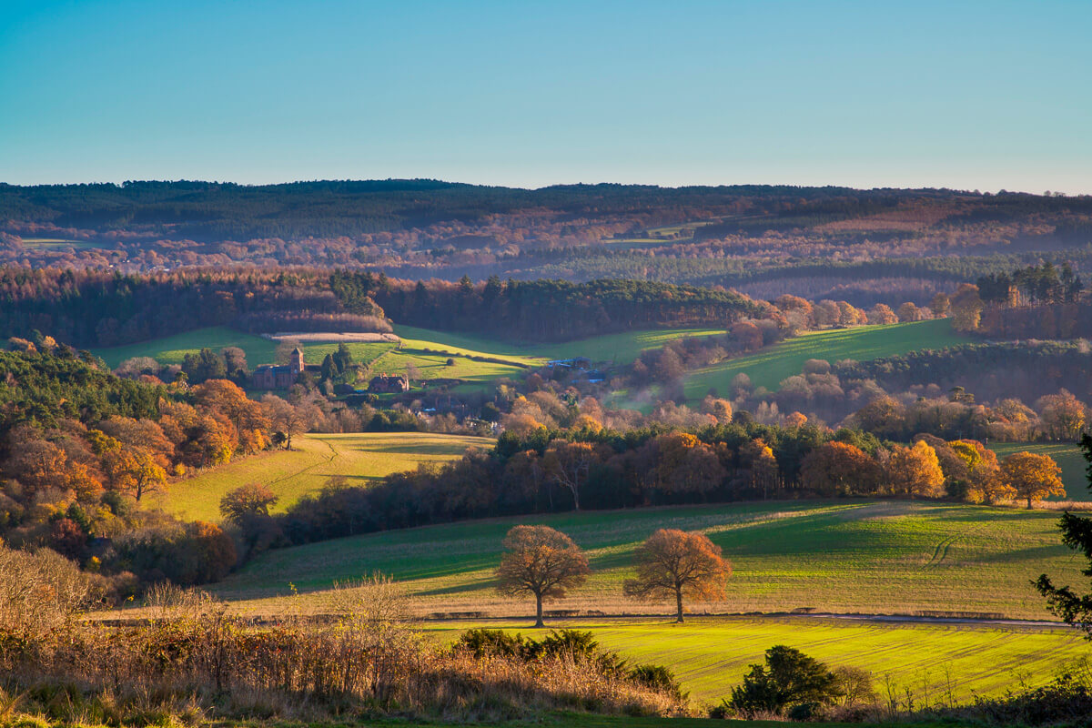 Rolling green and autumn fields across a rural valley under a clear blue sky at sunset