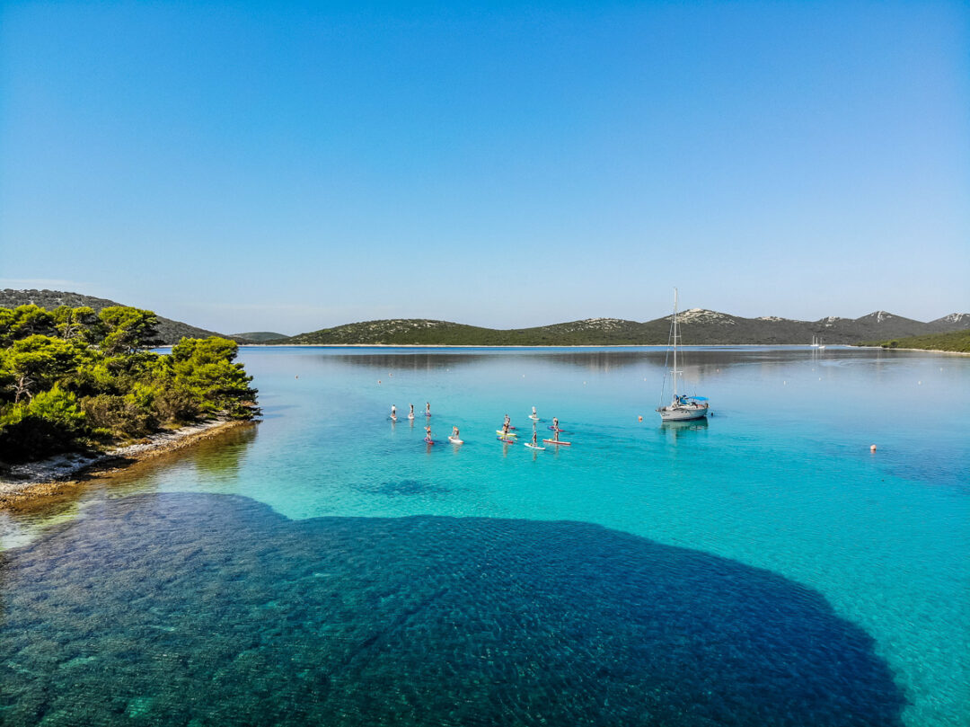 Paddleboarders on calm turquoise water in a coastal bay with boats and a wind farm in the distance