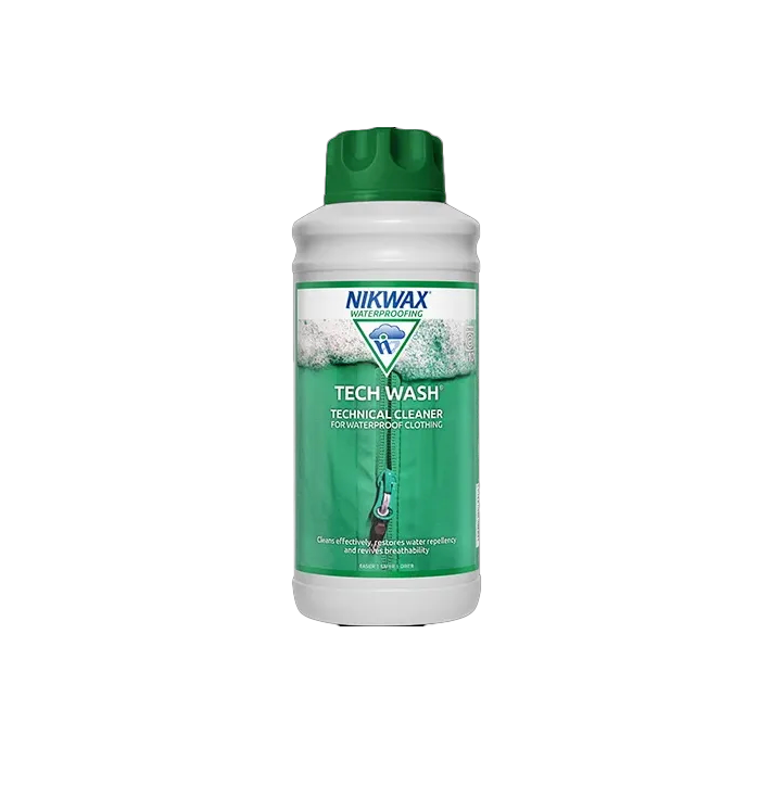 Nikwax Tech Wash waterproofing cleaner bottle for re-waterproofing jackets