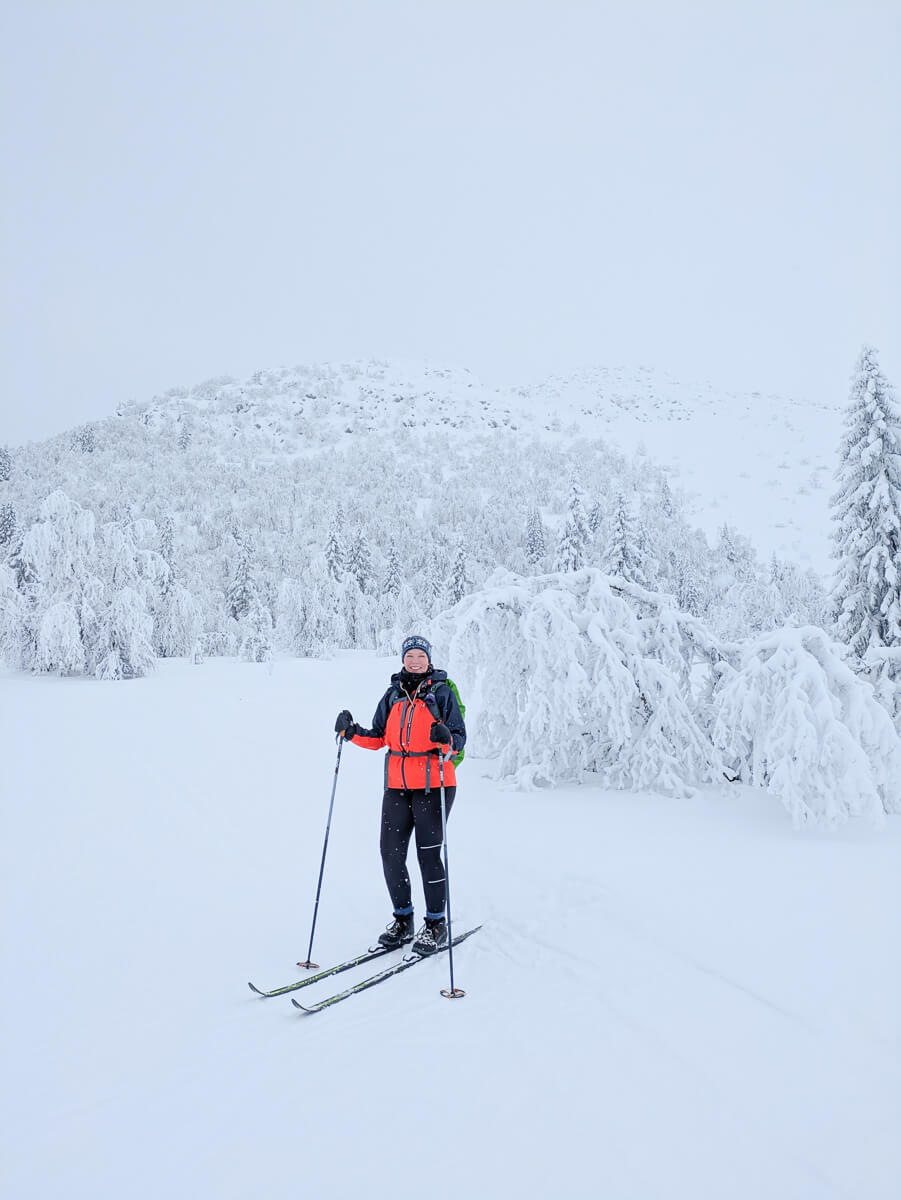 Woman cross-country skiing in a snowy mountain forest landscape in Europe
