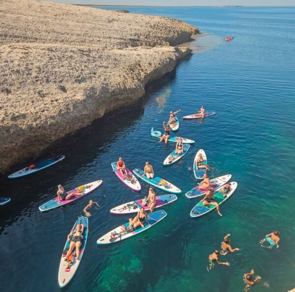 Women paddleboarding in Sardinia, SUP group on calm blue sea near rocky coastline and empty beach coves