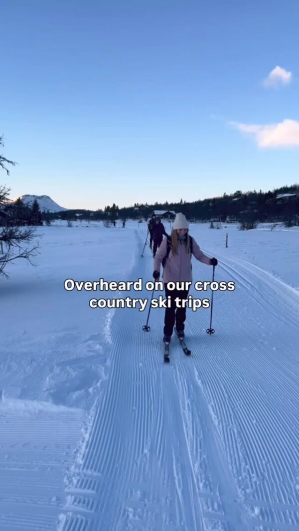 Skiers on cross-country ski tracks in snowy countryside: “Overheard on our cross country ski trips”
