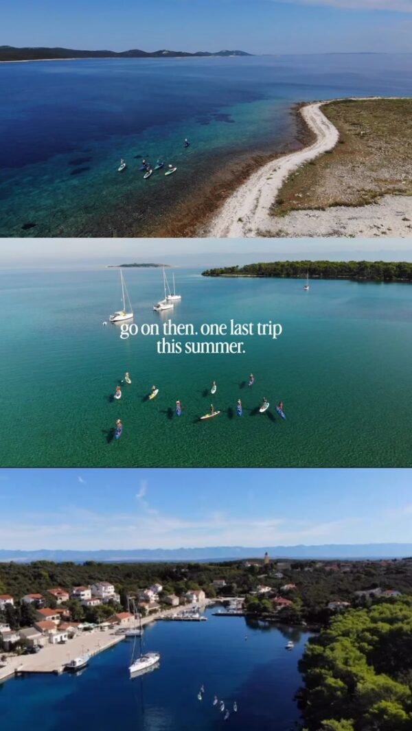 Croatia SUP and kayaking on clear sea; text: “go on then. one last trip this summer.”