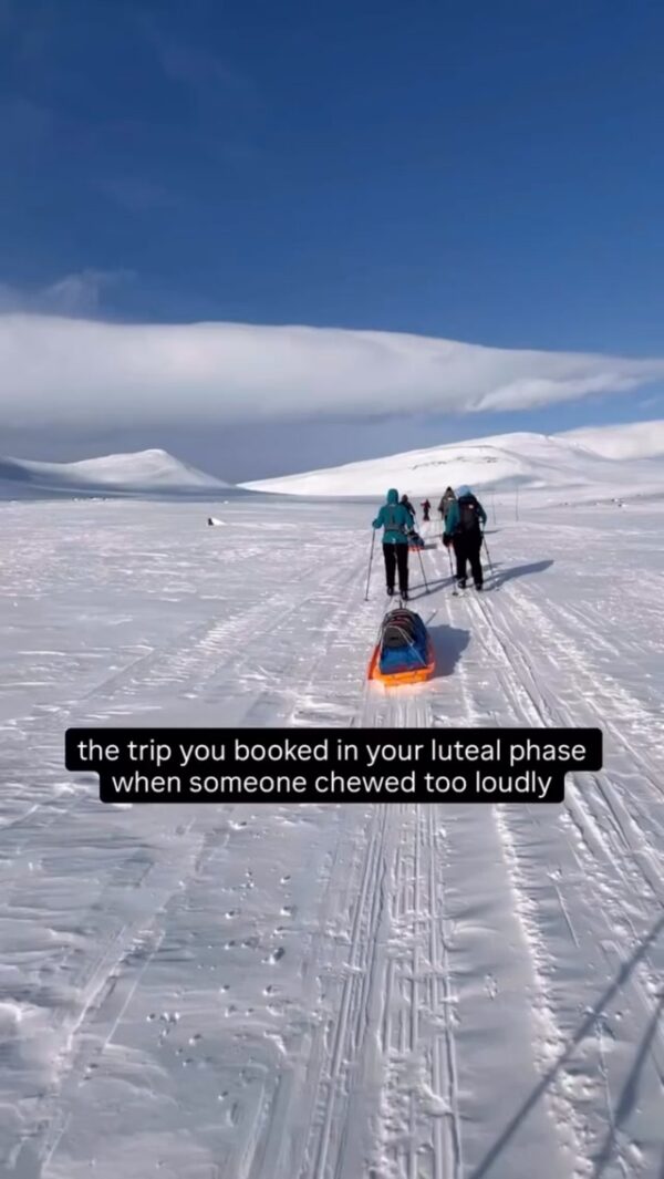 Women trekking on a snowy glacier with a sled, caption reads “the trip you booked in your luteal phase when someone chewed too loudly”