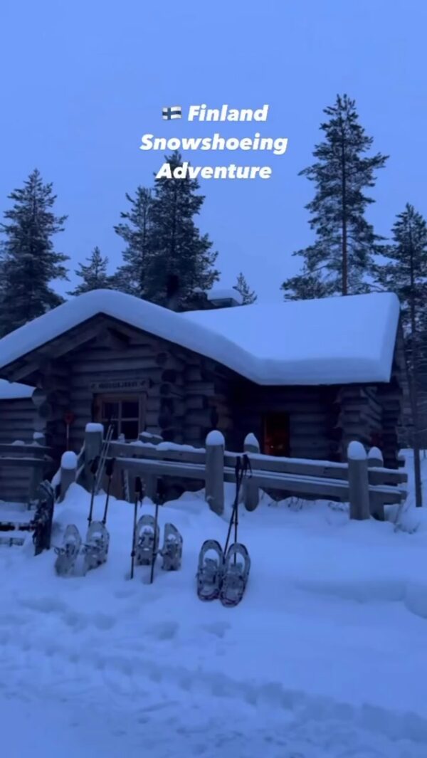 Finland Snowshoeing Adventure text over a snowy cabin scene with pine trees and snowshoes outdoors